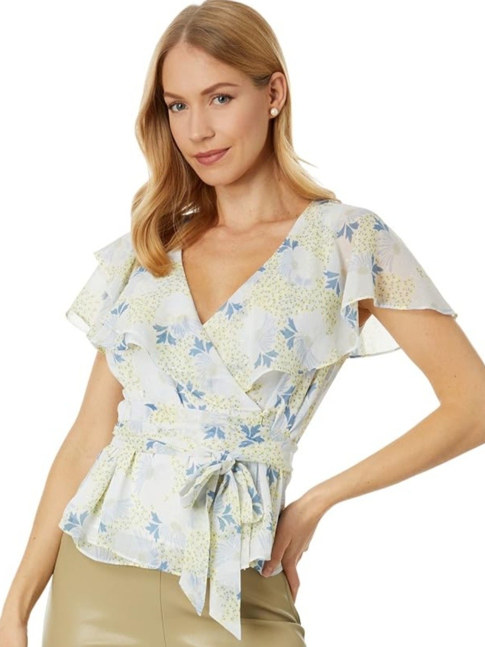 Ted Baker Light Blue and Cream Floral Wrap Blouse